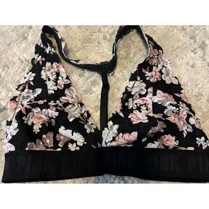 PINK Victoria's Secret Floral Lace Bralette Black Pink Flower Medium M B80‎